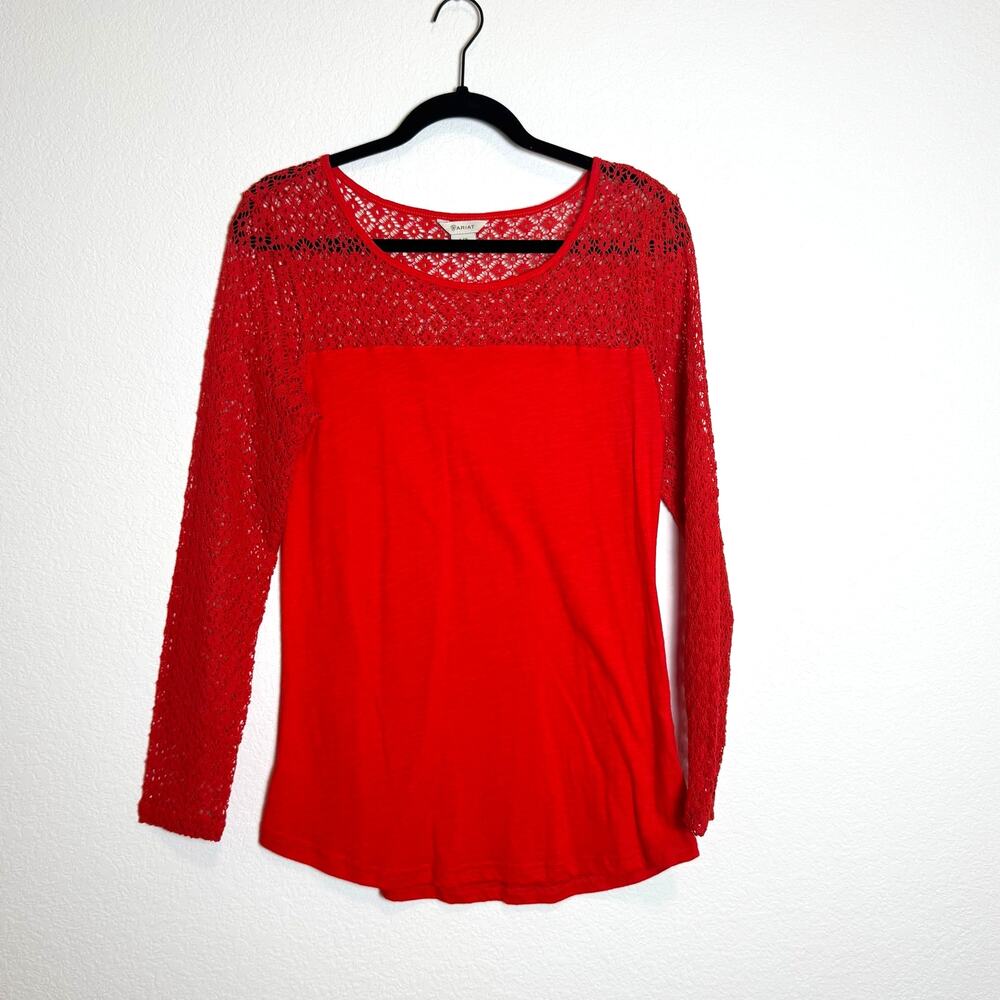 Ariat Jocelyn Red Lace Knit Country Western Long Sleeve Top Large